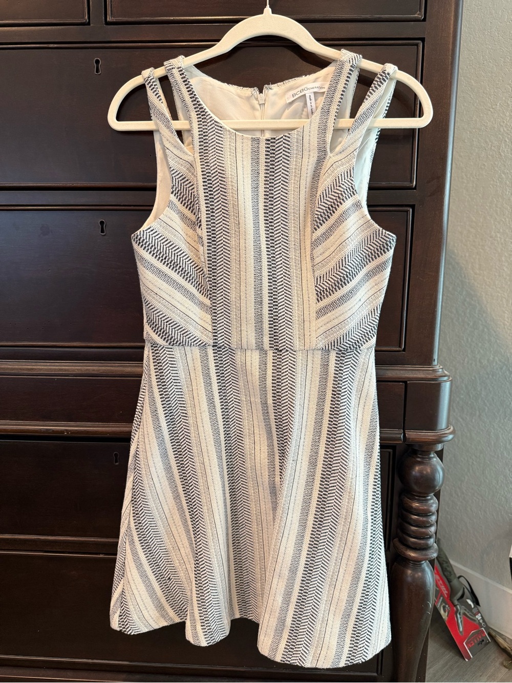 BCBGeneration Cream and Navy Striped Sleeveless Mini Dress